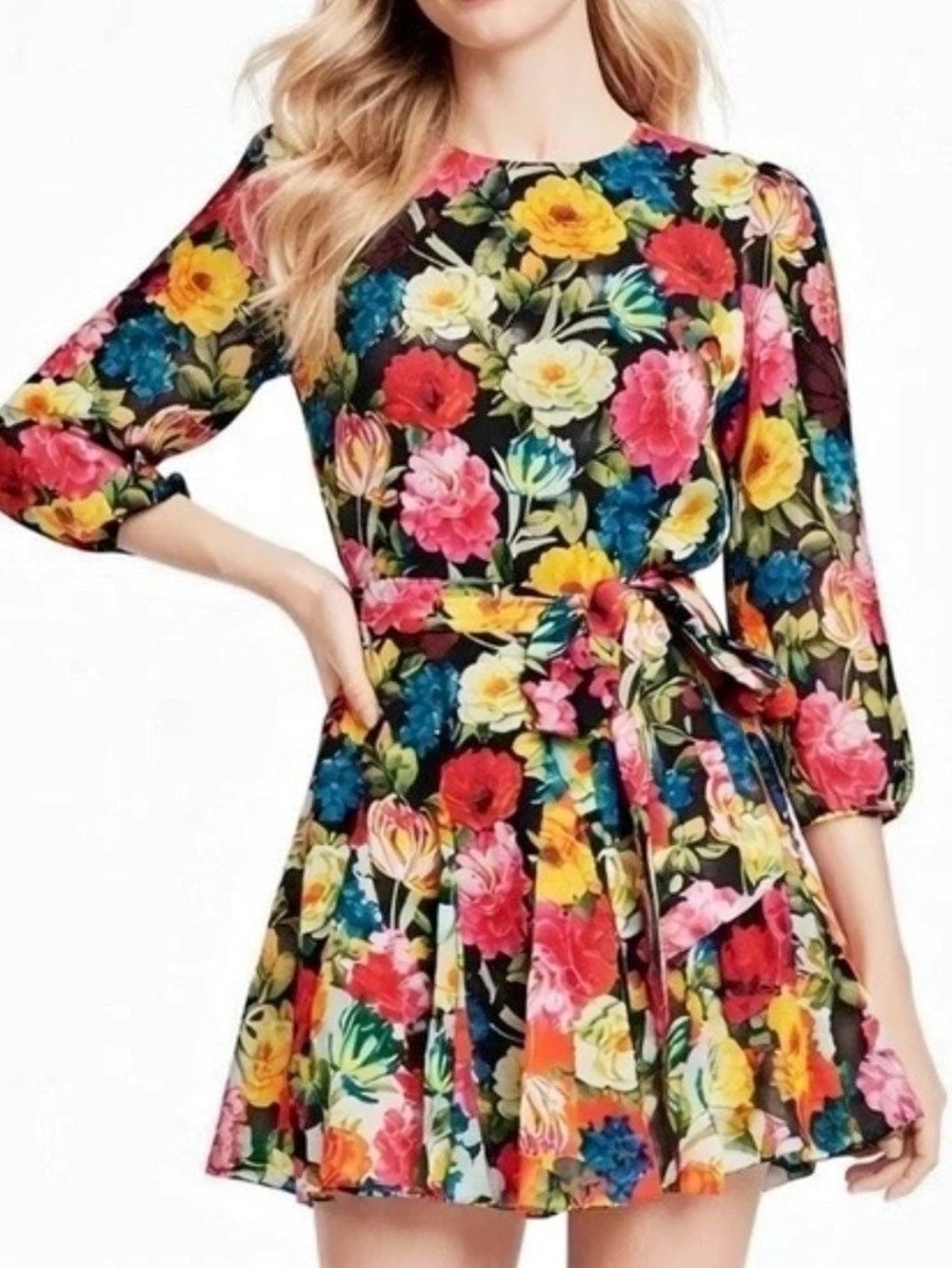 Alice + Olivia Mina Floral Mini Dress Size 12 Puff Sleeve Waist Tie Pleated Line